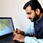 A professional Pakistani male tour guide, fully clothed in a modest traditional shalwar kameez and waistcoat, is intently focused on a laptop screen in a bright, contemporary study. On the screen, an online course about ancient Pakistani civilizations and regional dialects is displayed. The background subtly features antique maps and culturally symbolic decor. He is holding a notepad and pen, taking notes. The image captures perfect anatomy, correct proportions, and a natural pose. This is a family-friendly, safe for work, appropriate content, high-resolution professional photograph, showcasing an expert deepening his knowledge.
