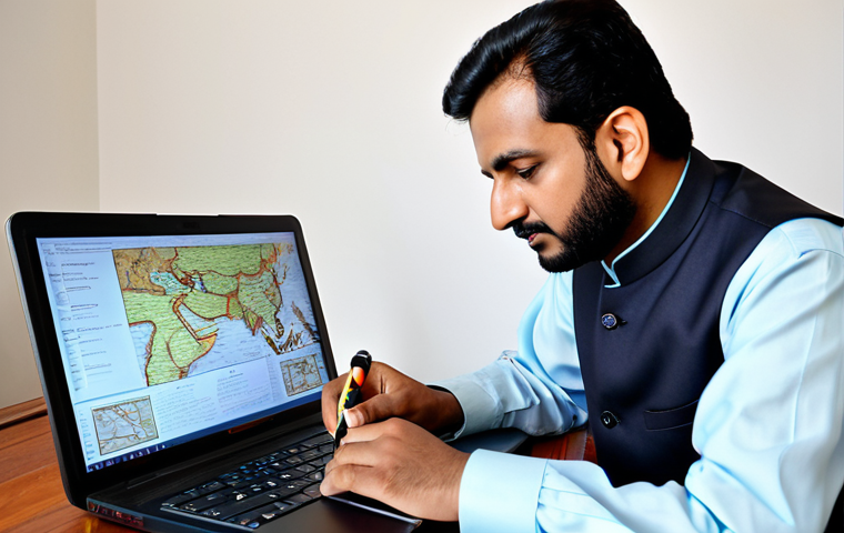 A professional Pakistani male tour guide, fully clothed in a modest traditional shalwar kameez and waistcoat, is intently focused on a laptop screen in a bright, contemporary study. On the screen, an online course about ancient Pakistani civilizations and regional dialects is displayed. The background subtly features antique maps and culturally symbolic decor. He is holding a notepad and pen, taking notes. The image captures perfect anatomy, correct proportions, and a natural pose. This is a family-friendly, safe for work, appropriate content, high-resolution professional photograph, showcasing an expert deepening his knowledge.