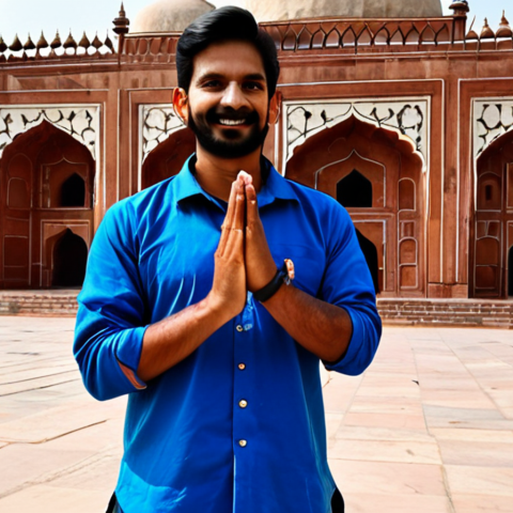 A professional tour guide, fully clothed in modest, comfortable clothing suitable for outdoor activity (e.g., khakis and a polo shirt or a light hiking jacket), standing in front of the Badshahi Mosque in Lahore, Pakistan.  Appropriate attire, safe for work, perfect anatomy, correct proportions, natural pose, well-formed hands, proper finger count, bright daylight, professional photography, high quality.