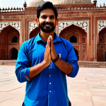 A professional tour guide, fully clothed in modest, comfortable clothing suitable for outdoor activity (e.g., khakis and a polo shirt or a light hiking jacket), standing in front of the Badshahi Mosque in Lahore, Pakistan.  Appropriate attire, safe for work, perfect anatomy, correct proportions, natural pose, well-formed hands, proper finger count, bright daylight, professional photography, high quality.