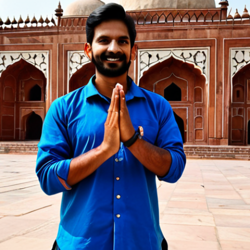A professional tour guide, fully clothed in modest, comfortable clothing suitable for outdoor activity (e.g., khakis and a polo shirt or a light hiking jacket), standing in front of the Badshahi Mosque in Lahore, Pakistan.  Appropriate attire, safe for work, perfect anatomy, correct proportions, natural pose, well-formed hands, proper finger count, bright daylight, professional photography, high quality.