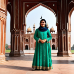 A professional female tour guide, fully clothed in modest traditional Pakistani clothing, standing in front of the Badshahi Mosque in Lahore, safe for work, appropriate content, perfect anatomy, natural pose, professional photography, family-friendly.