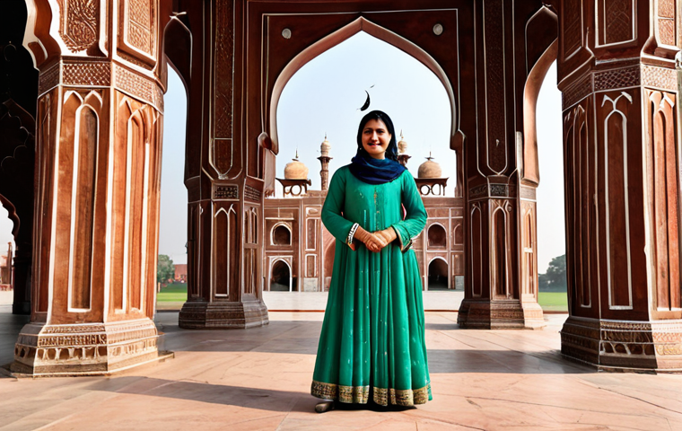A professional female tour guide, fully clothed in modest traditional Pakistani clothing, standing in front of the Badshahi Mosque in Lahore, safe for work, appropriate content, perfect anatomy, natural pose, professional photography, family-friendly.