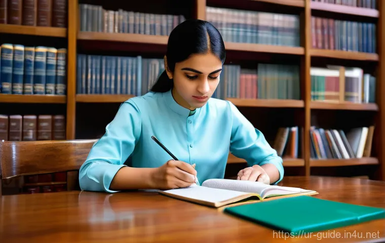 관광통역안내사 시험 면접 성공 사례 - **A focused young woman, dressed in modest and comfortable study attire, is deeply engrossed in prep...