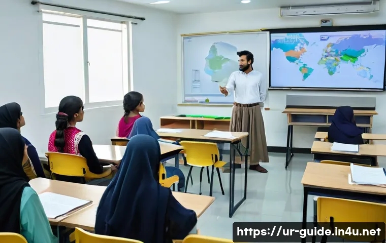 관광통역안내사 교육기관 비교 분석 - **Prompt:** A diverse group of young Pakistani adult students, both male and female, in a bright, mo...