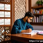 관광통역안내사 필기시험 고득점 비법 - A cozy study room scene featuring a young South Asian adult male focused on exam preparation for a t...