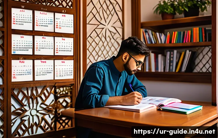 관광통역안내사 필기시험 고득점 비법 - A cozy study room scene featuring a young South Asian adult male focused on exam preparation for a t...